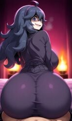 1boy 1girls ai_generated breasts clothed creepy creepy_smile dark_hair female hex_maniac huge_breasts lap_sitting long_hair looking_at_viewer male pokemon spiral_eyes