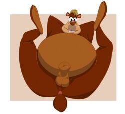 absurd_res animal_genitalia anthro ass balls bear bob-jiggles brown_body brown_fur brown_nose disney fur genitals green_eyes hair hands_behind_head head_tuft hi_res legs_up looking_at_viewer lying male mammal on_back overweight overweight_anthro overweight_male rounded_ears rounded_teeth sheath short_tail simple_background slightly_chubby slightly_chubby_anthro slightly_chubby_male solo spread_legs spreading tail toon_bear tuft who_framed_roger_rabbit