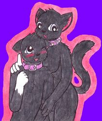 age_difference anthro black_fur black_nose blush cat collar color cub feline female fur furry furry_ears furry_tail looking_at_viewer male nude open_eyes open_mouth purple_background raised_tail rule_63 scourge_(warriors) standing tail warriors_(cats) white_fur wink