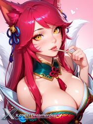 ahri ai_assisted ai_generated animal_ears bangs bare_shoulders bell blue_ribbon blush breasts cleavage collarbone eyebrows_visible_through_hair facepaint facial_mark female fox_ears fox_girl fox_tail gradient gradient_background hair_bell hair_ornament hair_ribbon heart jingle_bell large_breasts lips long_hair looking_at_viewer low_neckline mole_on_breast multiple_tails nail_polish off_shoulder pink_background pink_hair pink_nails red_hair ribbon slit_pupils smile solo tail upper_body vastaya whisker_markings yellow_eyes