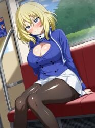 ai_generated big_breasts breasts female girls_und_panzer looking_at_viewer oshida_(girls_und_panzer) skirt stockings thighhighs train train_car