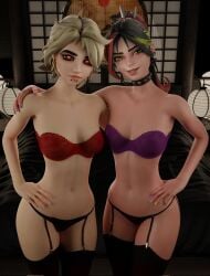 2girls black_hair blonde_female blonde_hair blonde_hair blonde_hair_female blush blush bra chin_piercing choker clothed clothed_female clothing earrings fortnite freckles green_eyes green_highlights hand_on_hip helsie_(fortnite) holding_each_other hoop_earrings joni_(fortnite) looking_at_viewer multicolored_hair panties partially_clothed partially_clothed_female ponytail red_eyes red_highlights smile smiling smiling_at_viewer thigh_highs thighhighs tianis3d