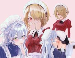 2girls apron apron_lift arm_at_side arms_up black_bow black_bowtie black_skirt black_thighhighs blonde_hair blue_shirt blush bow bowtie breasts buttons closed_eyes clothed_sex clothes_lift collared_shirt commentary_request covering_own_mouth cowboy_shot cunnilingus female frilled_apron frilled_shirt frills glasses green_eyes grey_hair groin hair_between_eyes hair_over_one_eye half_updo hand_on_another's_thigh hand_on_table hand_up hands_up hat hat_ribbon heaven_burns_red highres izumi_yuki_(heaven_burns_red) juliet_sleeves kayamori_ruka licking licking_finger lifting_own_clothes long_hair long_sleeves looking_ahead looking_at_another looking_down maid maid_headdress medium_breasts miniskirt mob_cap multiple_girls multiple_views no_panties one_eye_covered open_mouth oral pink_background puffy_sleeves pussy pussy_juice pussy_juice_in_mouth pussy_juice_on_fingers raised_eyebrows red_eyes red_shirt ribbon rimless_eyewear round_eyewear saliva shirt short_hair shroomia simple_background skirt skirt_lift standing standing_cunnilingus table thighhighs tongue tongue_out upper_body waist_apron white_apron white_hat white_ribbon yuri