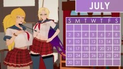 2girls calendar calendar_(medium) calendar_(object) calendar_pinup clothed_female female glasses glynda_goodwitch green_eyes indrick_[artist] july_(month) milf pinup pinup_girls pinup_pose purple_eyes rwby school_swimsuit school_uniform teacher_and_student yang_xiao_long