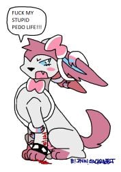 2025 animal_genitalia animal_penis balls barely_visible_balls barely_visible_genitalia barely_visible_penis blood blush blush_stickers bodily_fluids bow_(feature) bow_ribbon canine_genitalia canine_penis digital_media_(artwork) eeveelution english_text erection feral generation_6_pokemon genitals gore_focus jackrabbit_(artist) male marshmallow_(jackrabbit) microsoft_paint_(artwork) nintendo pedophile_iconography pedophilia_humiliation penis pokemon pokemon_(species) ribbons self-harm sheath signature sitting solo stated_pedophilia sylveon text