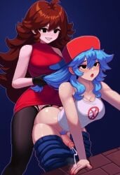 2girls ai_generated black_gloves blue_hair blue_pants blue_pubic_hair boyfriend_(friday_night_funkin) female_boyfriend_(friday_night_funkin) femdom friday_night_funkin genderswap genderswap_(mtf) girlfriend_(friday_night_funkin) grabbing_another's_hair open_mouth pants pants_pulled_down pegging pixel_art red_dress short_sleeves smile teeth white_tank_top yuri