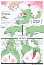 1boy 1girls 2026 absurdres ai_generated_hands anthro artist_name athletic_female breasts closed_mouth comic covered_eyes daisy_(luxurias) english_text game_freak gardevoir generation_3_pokemon green_hair highres huge_breasts human human_on_pokemon human_penetrating large_breasts light-skinned_male light_skin luxurias missionary_position nintendo nipples nude nude_female nude_male open_mouth pokémon_(species) pokemon pokemon_(species) pokemon_rse pokephilia red_eyes sex sheet_grab sheets straight text trainer vaginal_penetration watermark white_skin x-ray