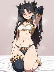 1girls ai_generated arm_behind_head armlet armpit armpit_fetish armpits arms_up armwear asymmetrical_gloves asymmetrical_legwear barefoot belly_button black_hair bra breasts fate/grand_order fate_(series) female female_focus gold_jewelry gold_trim ishtar_(fate) kneeling long_hair looking_at_viewer midriff mismatched_legwear necklace panties seductive seductive_smile single_thighhigh sleeveless sleeveless_shirt small_breasts steaming_body strapless strapless_bra sweat sweatdrop thighhighs thighs thong tiara tummy white_bra
