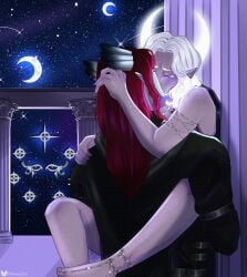 1boy 1boy1girl 1girl1boy 1girls aasimar ataraxia2002 dark_elf dnd drow dungeons_and_dragons female horns humanoid humanoid_pointy_ears jewelry kissing male moon night night_sky pointy_ears purple_body purple_skin red_hair regent_(starfallvr) straight tail tiefling vespera_(starfallvr) white_eyebrows white_eyelashes white_eyes white_hair white_skin