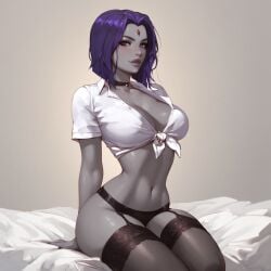 ai_generated forehead_jewel garter_straps hips large_breasts midriff purple_eyes purple_hair rachel_roth raven_(dc) short_hair stockings thighs tied_shirt white_shirt