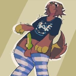 1boy anthro brown_fur canine drool drooling floppy_ears furry gay glasses green_nose green_pawpads knot male male_only nerd not_touching_penis striped_thighhighs thighhighs tshirt twitching