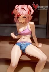 1futa 1girls 2d ai_generated ass bangs barefeet big_ass big_breasts bra breasts doki_doki_literature_club erection erection_under_clothes erophoenix feet female female_focus full_body futanari looking_at_viewer looking_back natsuki_(doki_doki_literature_club) nude pale_skin pale_skinned_female patreon_username pink_eyes pink_hair small_penis smile soles solo solo_female sweat thick thick_thighs toes uncensored