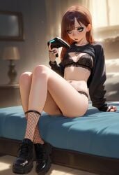 1girls ai_generated black_bra black_eyeshadow black_fishnet_gloves black_fishnet_pantyhose black_fishnet_things black_nails breasts brown_eyes brown_hair brunette_female brunette_hair choker cute_face dim_light female freckles full_body gamer gamer_girl goth gothic_makeup heart_pendant kira_(xcrystallex) long_hair medium_breasts medium_tits navel night no_panties original original_character oversize_t-shirt playing playing_in_game playing_videogame ps4 ps4_controller ps4_gamepad rose_tattoo sitting_on_bed slut_tattoo_on_pubis t-shirt teenager xcrystallex