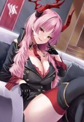 big_breasts blue_archive bra cleavage coin_on_string demon_girl gloves halo high_resolution horns hypnosis long_hair military_uniform mole_on_breast pink_hair rama_(yu-light8) red_eyes satsuki_(blue_archive) school_uniform tie tie_between_breasts uniform video_game_character