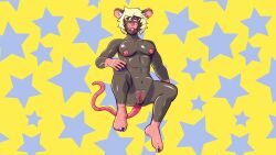 anthro blonde_hair breasts colored_nails feet female genitals grey_body hair hi_res mammal mouse mouse_tail murid murine muscular muscular_female nails nipples pink_nipples pink_pussy pussy rodent solo spread_legs spreading teeth_showing waterproofwings whiskers