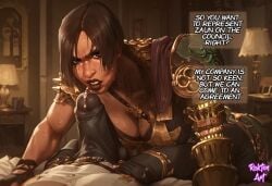 1boy 1girls ai_generated arcane ass bed big_ass big_penis brown_body cock_outline cum dark-skinned_female dark_skin face_down_ass_up female league_of_legends older_female penis penis_through_clothing pov pov_eye_contact rokten_art sevika tagme