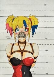1girls anime batman_(series) big_breasts blue-lotus bound_and_gagged bsdm damsel_in_distress dc dc_comics female gag gagged harleen_quinzel harley_quinn harley_quinn_(suicide_squad_isekai) latex over_the_nose_gag prisoner solo suicide_squad suicide_squad_isekai tape_gag tape_gagged traditional_art
