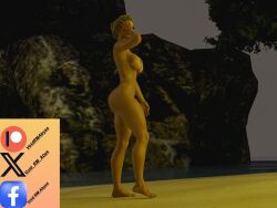 beach beach_walk blonde_female blonde_hair blue_eyes breasts exclusive feet female floor ines_(the_first_descendant) nipples nude patreon patreon_artist pose posing posing_for_picture tanline the_first_descendant toes walking