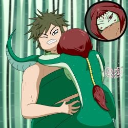 1boy 1girls aggressive aggressive_female assertive assertive_female bamboo bite bite_mark bite_marks blood_drip coiling dominant dominant_female domination fangs female femdom green_body green_hair lamia male monster_girl naga original_character original_characters projectsubby red_hair snake snake_girl snake_tail spiky_hair tail wrapped_up