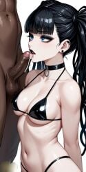 ai_art ai_generated bangs black_eyeshadow black_hair black_lipstick black_penis blue_eyes choker dark-skinned_male dark_penis dark_penis_tip dark_skin dark_skinned_penis erect erect_penis feeling_pleasured female foreskin goth goth_girl gothic imminent_fellatio imminent_oral latex_bikini medium_breasts pale-skinned_female pale_skin penis pleasure_face pleasured pleasured_female