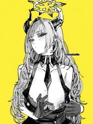 areolae big_breasts black_and_white blue_archive blush blushing coin_on_string comparing_sizes gehenna_academy_student gloves halo high_resolution horns long_hair looking_at_viewer mole_on_breast monochrome nipples otimusyairoha presenting_nipple satsuki_(blue_archive) showing_breasts simple_background tie tie_between_breasts