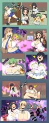 4girls ass ass_expansion ayame_(senran_kagura) bangs big_breasts black_hair blonde_female blonde_hair blush book breast_expansion breasts brown_hair colored comic door_slam emotionless excited female female_only gauntlet green_hair hairband happy heart herretik hikage_(senran_kagura) hime_cut ikaruga_(senran_kagura) katsuragi_(senran_kagura) long_hair magic reading reading_book senran_kagura short_hair shrinking shrunken_female sword tagme yuri
