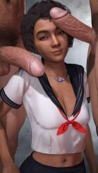 1girls 2boys 3d 3d_(artwork) 3d_render alternate_version_available belly_button brown_eyes brown_hair cleavage clementine_(the_walking_dead) clothed_female_nude_male clothing dark-skinned_female dark_skin exposed_stomach female imminent_oral imminent_sex interracial irispoplar large_cock large_penis light-skinned_male light_skin looking_at_viewer male medium_hair navel necklace nude_male penis pubes pubic_hair sailor_uniform school_uniform size_difference slim_waist small_breasts smile smiling the_walking_dead the_walking_dead_game