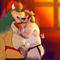 1:1 2025 2boys anthro anthro_on_human blush bodily_fluids bottomwear bottomwear_down bowser clothed clothing dirty dirty_clothing dirty_underwear dropsofmoonlight duo erection erection_under_clothing facial_hair french_kissing frottage frottage_through_clothing gay genital_fluids goatee hairy hi_res human jockstrap kissing koopa leaking_precum male male/male mammal mario_(series) moustache muscular musk musk_clouds nintendo nipple_fetish nipple_pinch nipple_play pants pants_down partially_clothed penile penis penises_touching pinch precum precum_through_clothing precum_through_underwear red_hair reptile scalie sex shirt sloppy_kiss sweat tank_top tenting topwear underwear wet wet_clothing yaoi
