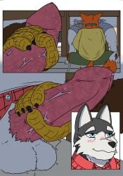 accipitrid accipitriform anthro avian big_penis bird blush canid canine canis clothed clothing comic cutaway daddy_kink deep_throat dialogue digital_media_(artwork) domestic_dog duo eagle english_text expression_cutaway family feathery fellatio fox genitals group handjob hi_res humor husky lgbt love male male/male mammal masturbation nordic_sled_dog oral oral_penetration penetration penile penis romantic romantic_couple sagilmito sex simple_background slice_of_life spitz text two_panel_image vein veiny_penis