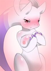 blush breasts female female_only mega_evolution mega_mewtwo_y mewtwo nipples nude pokemon pokemon_(species) purple_skin solo tagme white_skin