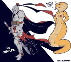 2025 absurd_res ammo_pouch anthro apode armor breasts clothed clothing draconcopode duo english_text female forked_tongue genitals green_eyes hands_on_hips hi_res knight legless male melee_weapon naga nipples nude pussy reptile sad scalie serpentine sword text the_man tongue tongue_out vulva warrior weapon