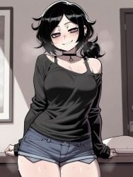 1girls ai_generated ashley_graves black_hair black_shirt booty_shorts bra bra_strap bra_visible_through_clothes choker eyeliner female female_focus long_sleeves looking_at_viewer makeup medium_hair messy_hair naughty_face off_shoulder pale-skinned_female pale_skin pink_eyes ponytail pov_eye_contact seductive seductive_look seductive_smile short_shorts shorts sleeves_past_wrists smile steam steaming_body sweat sweatdrop the_coffin_of_andy_and_leyley thighs