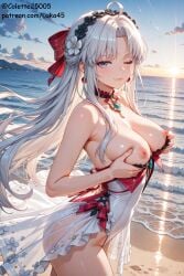 ai_generated beach blue_eyes breasts carlotta_(wuthering_waves) curvy_ass curvy_body curvy_female daytime embarrassed_female female female_focus grabbing grabbing_breasts long_hair looking_at_viewer luka45 medium_breasts nipples one_piece_swimsuit patreon patreon_reward patreon_url patreon_username smile smiling smiling_at_viewer swimsuit twitter_username wet white_hair wink winking_at_viewer wuthering_waves