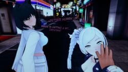 1boy 2girls black_hair black_hair_female blake_belladonna blue_eyes cat_ears clothed_female dialogue faceless_male female indrick_[artist] long_hair long_hair_female looking_back male rwby scar_across_eye sucking_on_finger weiss_schnee white_hair white_hair_female yellow_eyes