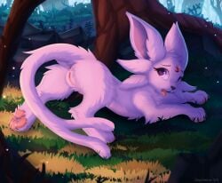 anus arm_tuft ass ass_up cheek_tuft claws eeveelution elbow_tuft espeon facial_tuft felid feline female feral fluffy fluffy_tail forest fur generation_2_pokemon genitals grass hi_res joeumbre light lighting looking_back mammal neck_tuft nintendo open_mouth organs pawpads pink_body pink_fur plant pokemon pokemon_(species) presenting purple_body purple_eyes purple_fur pussy rock shaded solo stomach tail teasing tongue tongue_out tree tuft vaginal_penetration