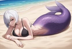 1girls ai_generated anime beach big_breasts bikini_top female fiona_frost fish_girl mermaid mermaid_tail midriff monster_girl pinup poptoonz scales solo spy_x_family white_hair