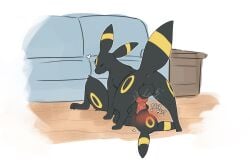 2024 ambiguous_gender anus ass backsack balls black_body black_fur black_nose blush blush_lines bodily_fluids closed_eyes cometdragonite detailed_background duo eeveelution erection fellatio feral fur furniture generation_2_pokemon genital_fluids genitals heart_symbol hi_res inside knot knotted_penis lying male male/ambiguous male_umbreon markings multicolored_body multicolored_fur nintendo on_back oral penile penis pokemon pokemon_(species) precum red_penis saliva sex smile sofa text umbreon white_text yellow_body yellow_fur yellow_markings