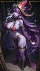 2025 ai ai_assisted ai_generated animal_ears anime anime_style artist_name belly_dancer breasts dancer dancer_outfit dreamyan_ai female fox_ears green_eyes harem_outfit hi_res high_quality high_resolution highres league_of_legends lulu_the_fae_sorceress patreon purple_body purple_hair purple_skin thick_ass thick_thighs thighs uncensored yordle