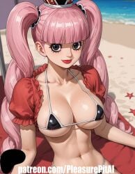 1girl ai ai_generated beach bikini black_eyes breasts choker cleavage clothing crown female female_human female_only large_breasts lips lipstick looking looking_at_viewer makeup micro micro_bikini navel one one_piece outdoors patreon patreon_username perona pink_hair pleasurepitai sand seductive sexy stable_diffusion swimsuit