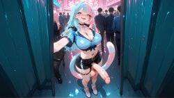 ai_art ai_generated animal_ears blue_hair breasts cat_ears cat_girl cat_tail catgirl cleavage dickgirl futanari intersex koneko koneko_dolls konekofuta large_breasts large_penis officer pink_hair police_uniform shorts two_tone_hair two_tone_hair_(blueandpink)