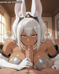 1boy 1girls ai_generated animal_ears artifical_art balls big_breasts blowjob blowjob_face blush curly_hair dark-skinned_female dark_skin elbow_gloves fairy_tail fairy_tail:_dragon_cry headwear long_hair oral oral_penetration oral_sex penis penis_in_mouth perfect_body sex sucking sucking_penis swan_(fairy_tail) tan_skin tiara white_hair yellow_eyes