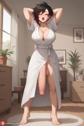 1futa ai_generated arms_behind_head balls bathrobe bedroom big_balls big_breasts big_penis black_hair breasts curvy curvy_figure flarewizz futa_only futanari hips huge_breasts huge_cock intersex light-skinned_futa light-skinned_futanari light_skin open_robe penis penis_out penis_to_the_knees red_highlights robe ruby_rose rwby solo standing stretching thick thick_legs thick_penis veins_on_dick veiny_penis waking_up white_bathrobe white_robe yawn