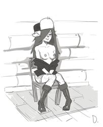 1girls black_and_white boots disclaimer disney disney_channel disney_xd exhibitionism female female_only gravity_falls long_hair medium_breasts monochrome nipples solo straight_hair wendy_corduroy