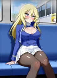 ai_generated big_breasts breasts female girls_und_panzer oshida_(girls_und_panzer) skirt stockings thighhighs train train_car