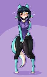 amber_eyes balls_outline black_hair black_pants blue_(limebreaker) blush breasts futanari holding_clothes huge_balls huge_cock huge_testicles limebreaker looking_down looking_embarrased penis_outline shy shy_girl small_breasts violet_shirt