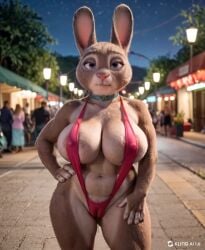 ai_generated animated anthro av-10 big_breasts bikini bonnie_hopps breasts breathing camel_toe car choker city city_background clothing detailed_background disney female hand_on_hip huge_breasts jewelry lagomorph leporid looking_at_viewer mammal mature_anthro mature_female necklace night nipple_outline nipple_slip rabbit sling_bikini solo standing swimwear tagme thick_thighs vehicle video video zootopia
