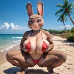 ai_generated animated anthro av-10 beach big_breasts bikini bodily_fluids bonnie_hopps breast_play breasts camel_toe choker clothing crouching detailed_background disney female genital_fluids huge_breasts jewelry lagomorph leporid looking_at_viewer mammal mature_anthro mature_female necklace nipple_outline nipple_slip presenting pussy_juice rabbit sea seaside smile solo string_bikini swimwear tagme thick_thighs video video water zootopia