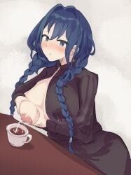 breasts coffee coffee_cup female female_only hololive hololive_english huge_breasts lactation n8t-time no_bra one_breast_out ouro_kronii virtual_youtuber