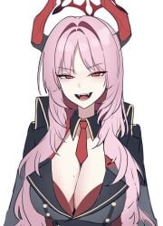 big_breasts blue_archive breasts cleavage demon_girl female gehenna_academy_student giant_breasts halo high_resolution horns looking_at_viewer mole_on_breast open_mouth pink_hair red_eyes saiun_sigma satsuki_(blue_archive) tie video_game_character