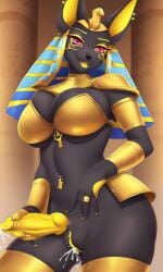 ai_assisted ai_generated armor egyptian egyptian_clothes ejaculation furry furry_only futa_only futanari gold gold_jewelry intersex jackal masturbation partially_clothed